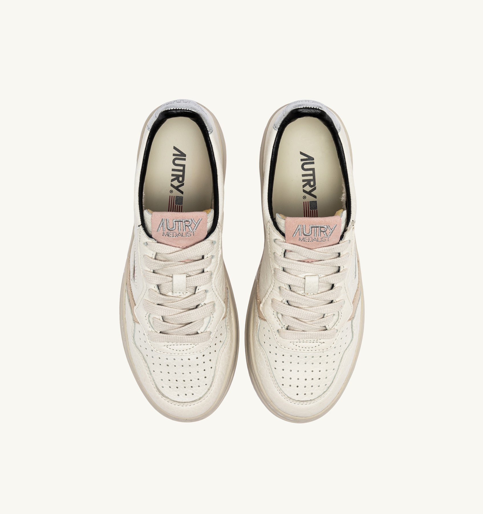 Medalist Low Sneakers in White Textured Leather with Silver and Pink Details