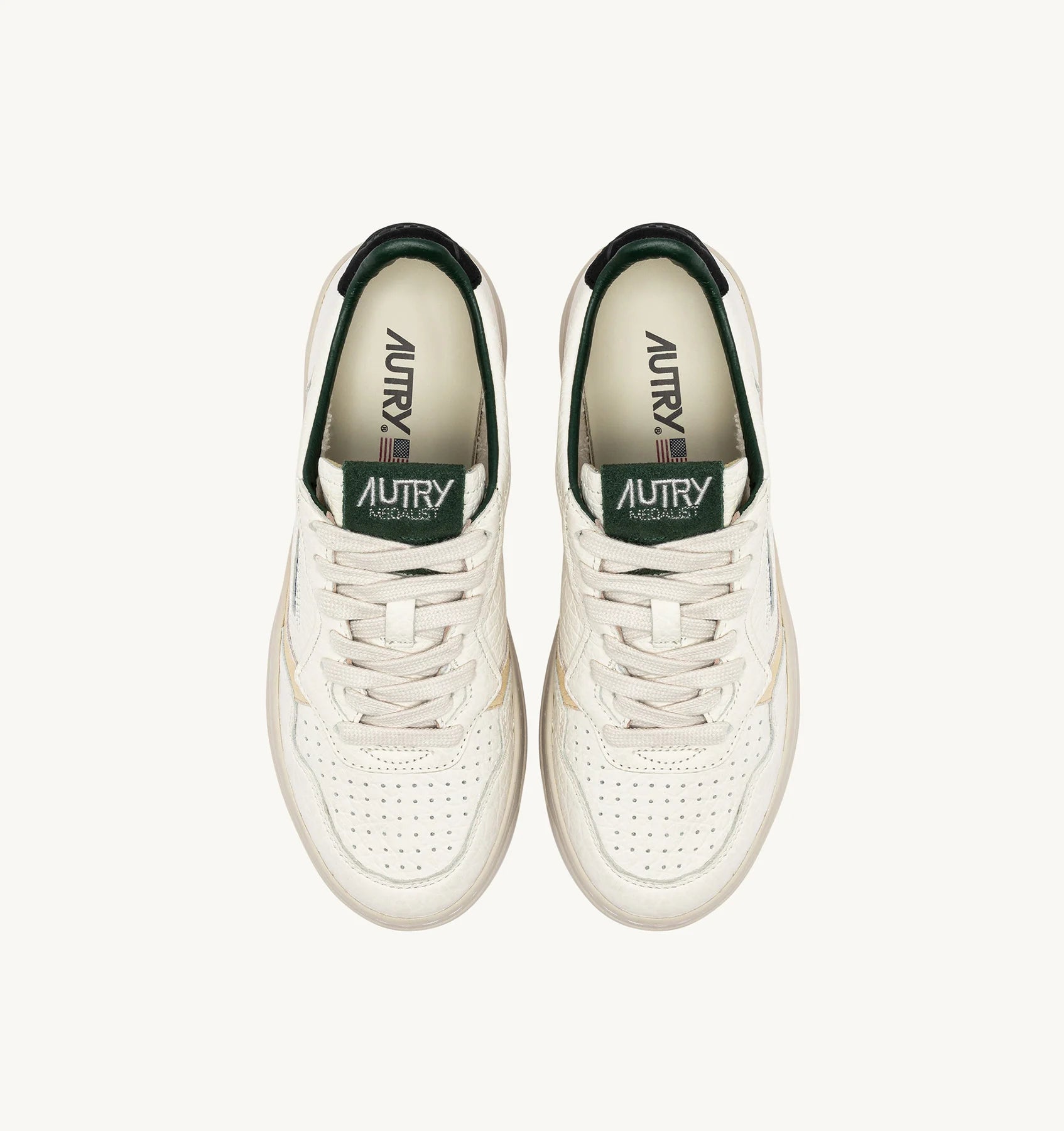 Medalist Low Sneakers In White Textured Leather With Green Black And Beige Details