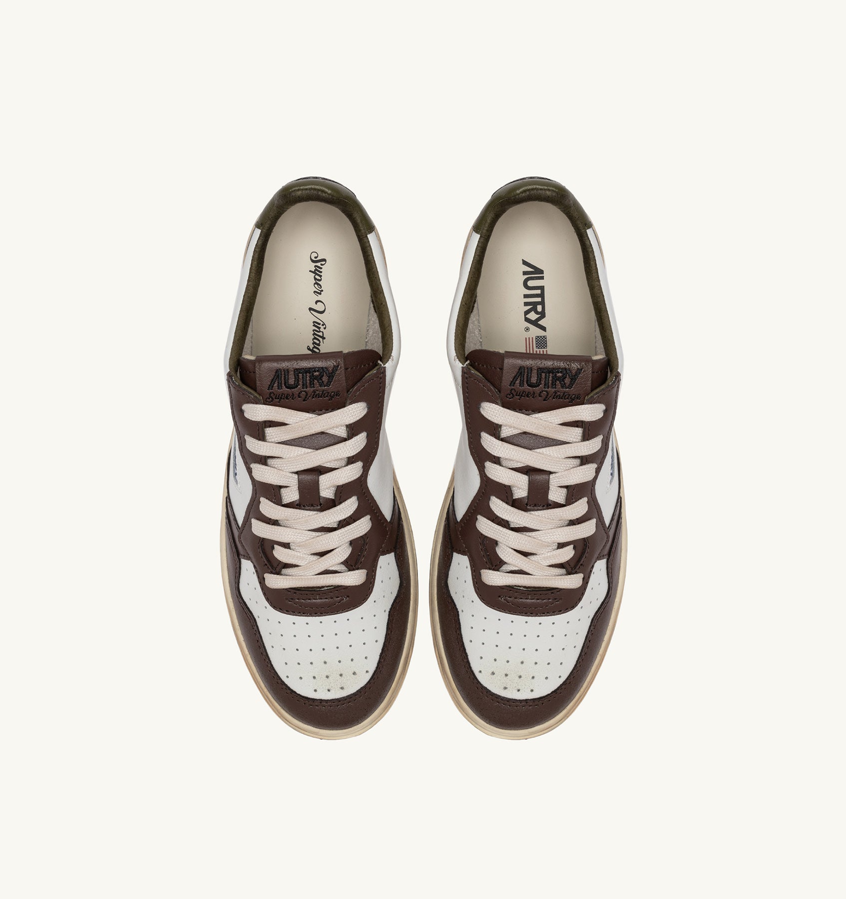 Medalist Low Super Vintage Burn Sneakers in White, Brown and Military Green Leather