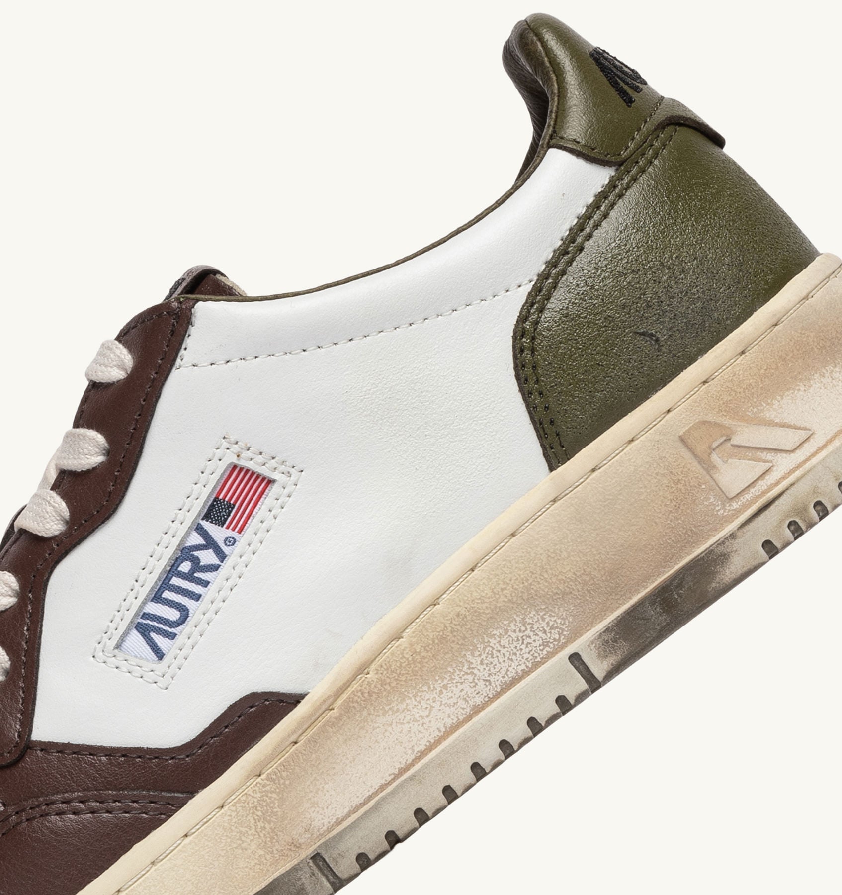 Medalist Low Super Vintage Burn Sneakers in White, Brown and Military Green Leather