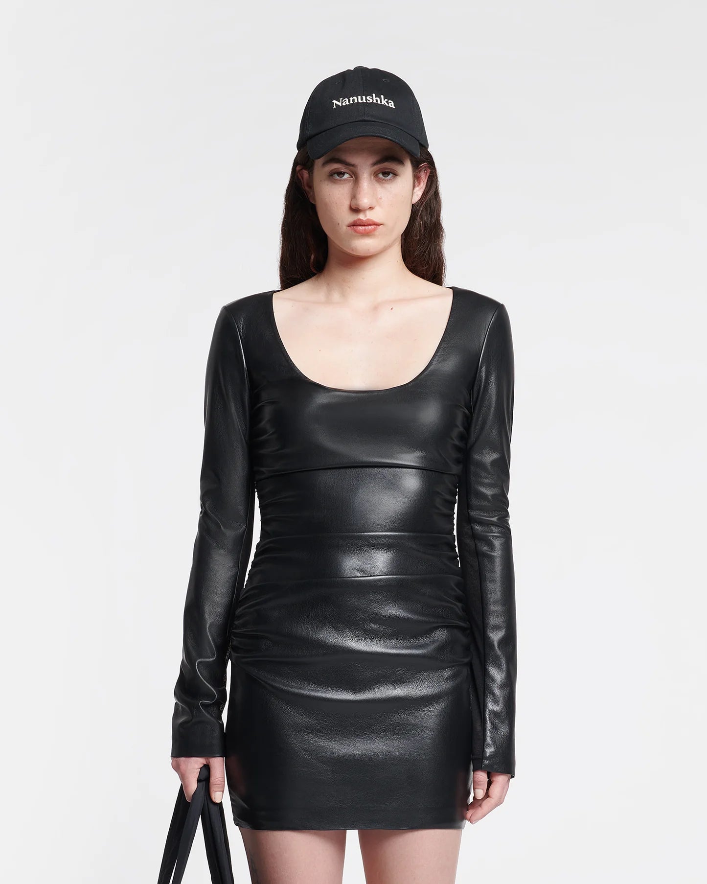 Sosha Ruched Okobor Alt-Leather Mini Dress