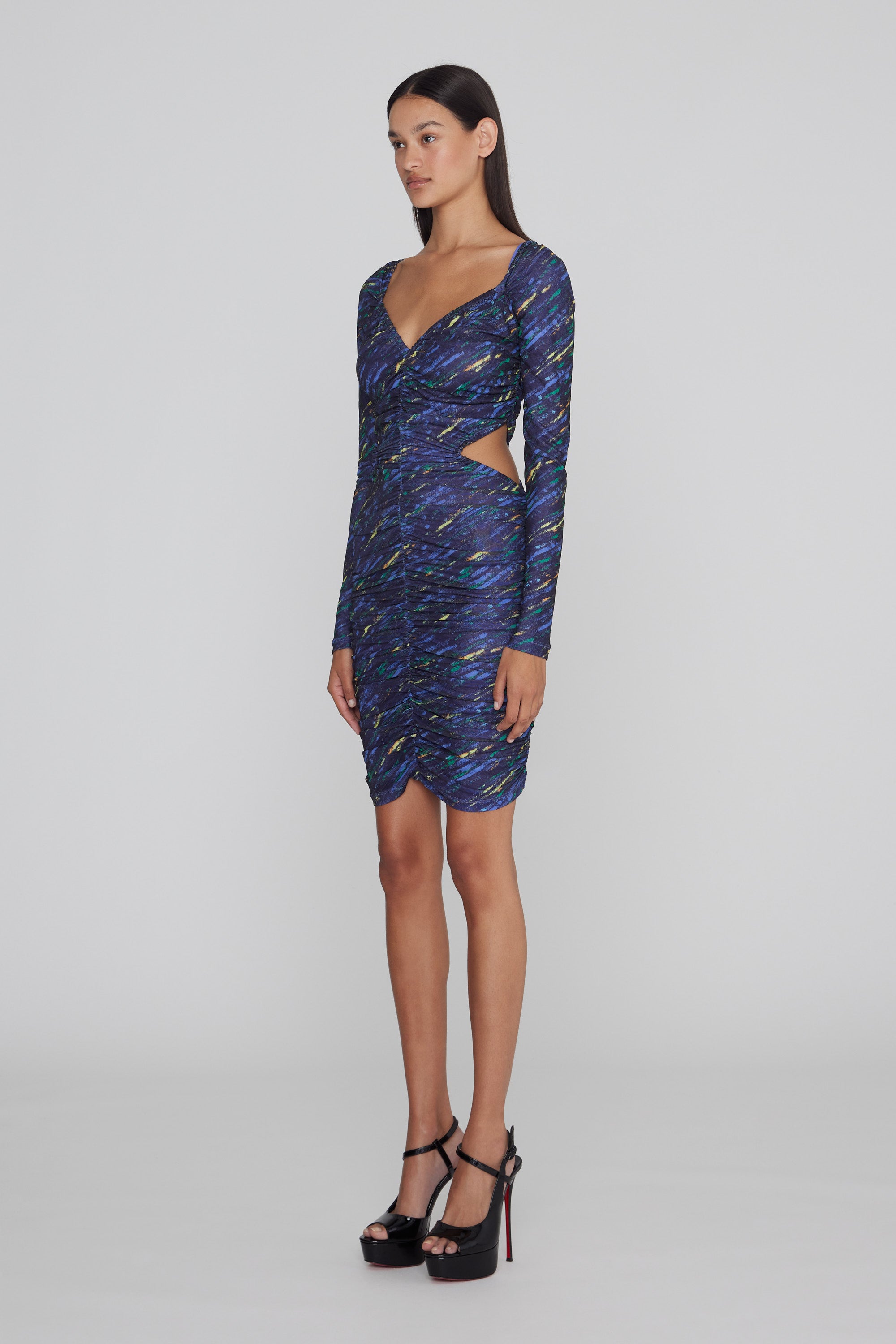 Printed Mesh Ruched Cut-Out Dress