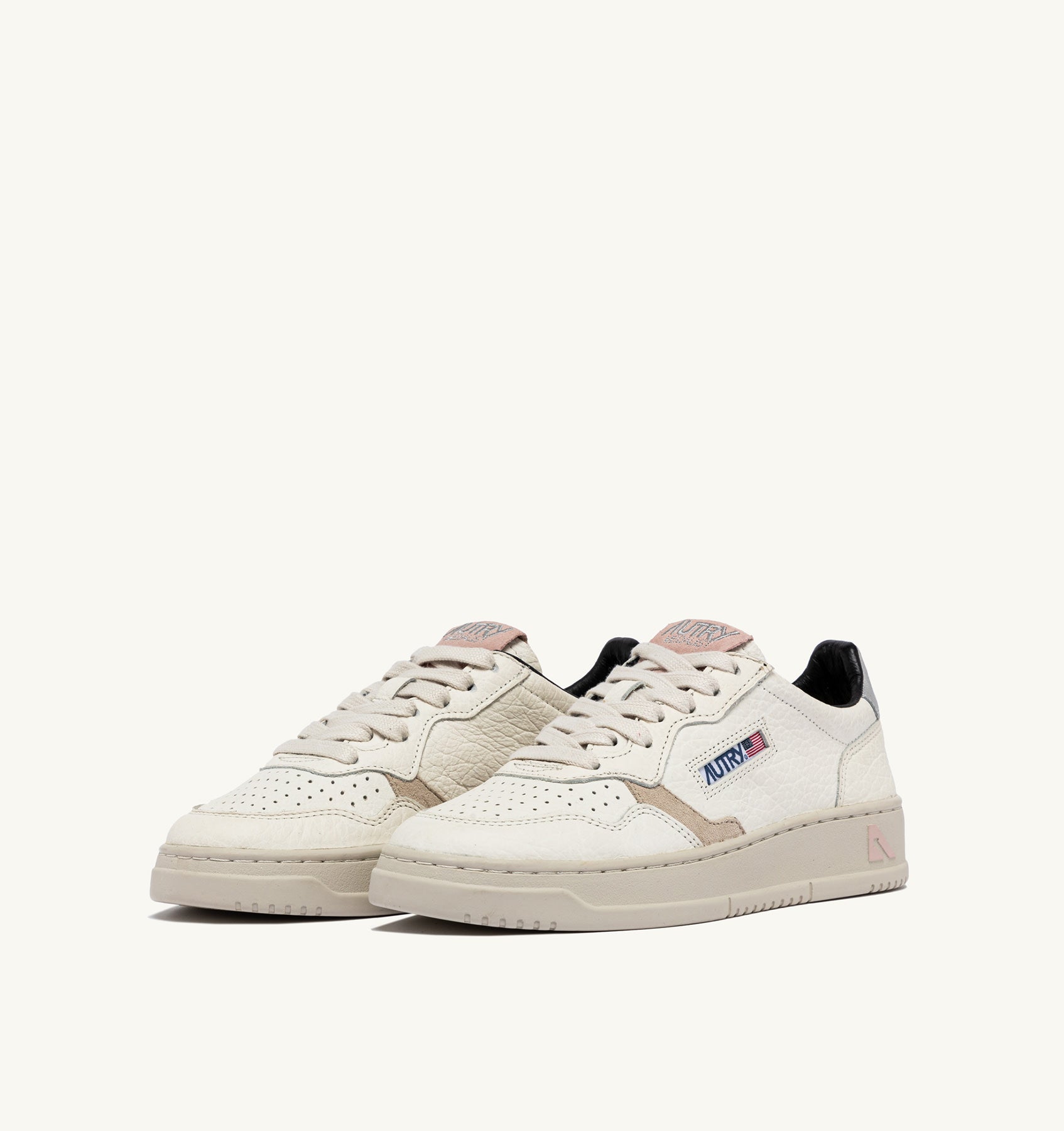 Medalist Low Sneakers in White Textured Leather with Silver and Pink Details