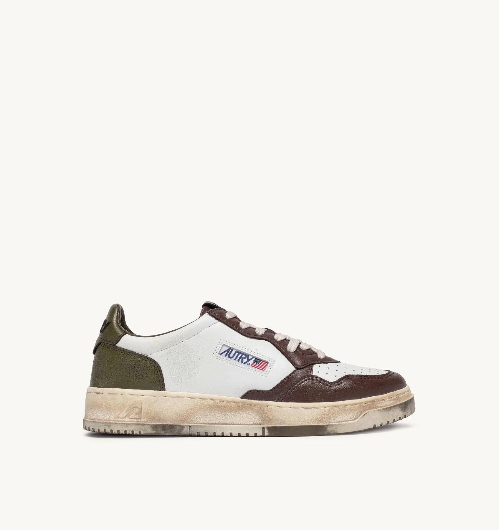Medalist Low Super Vintage Burn Sneakers in White, Brown and Military Green Leather