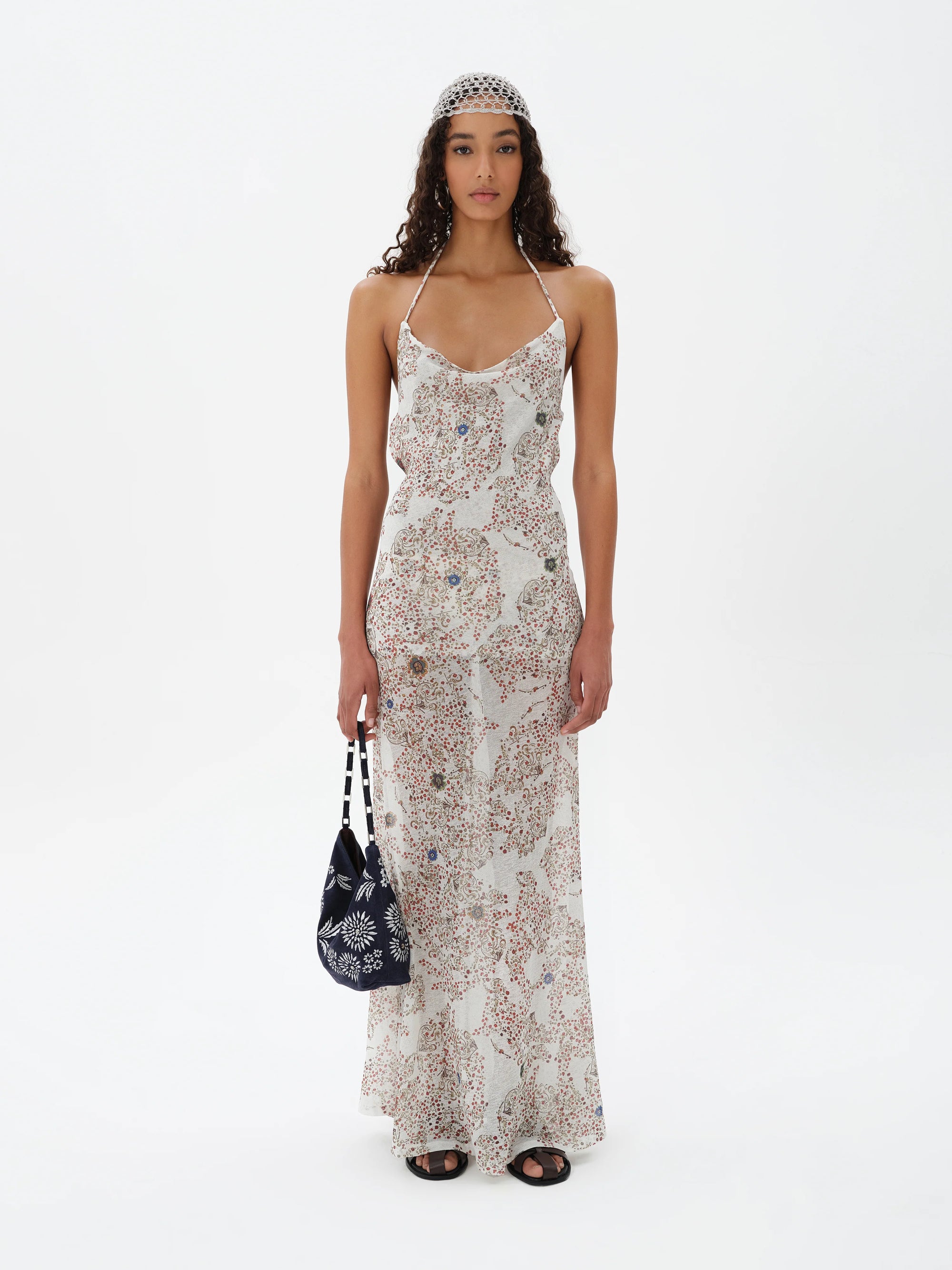 NENSI  Nazar printed semi-sheer open-back dress