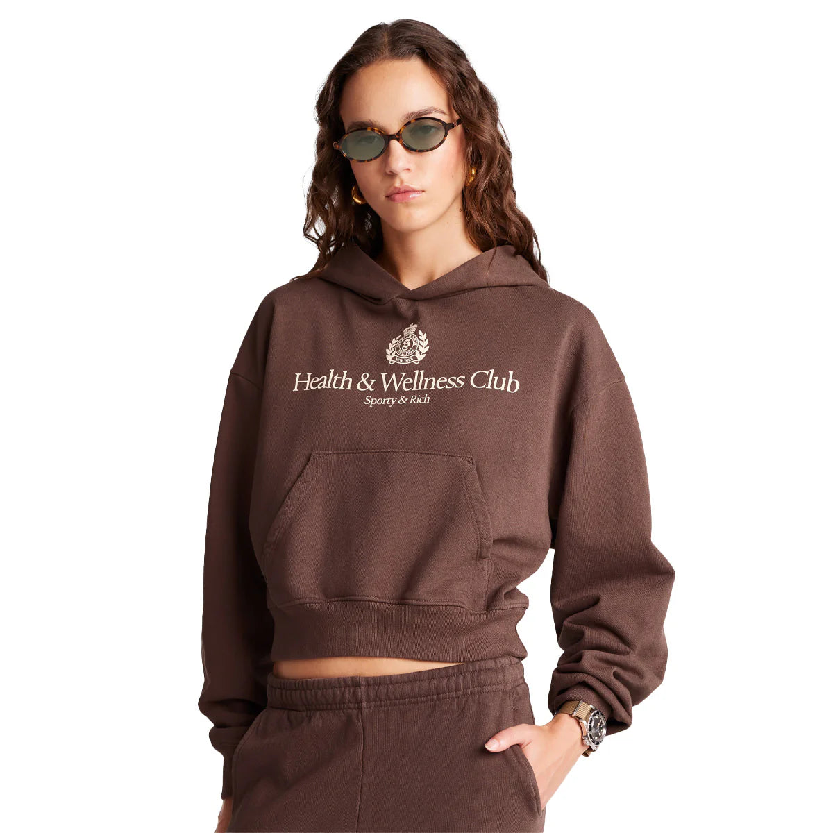 H & W Crest Cropped Hoodie - Chocoloate/Cream