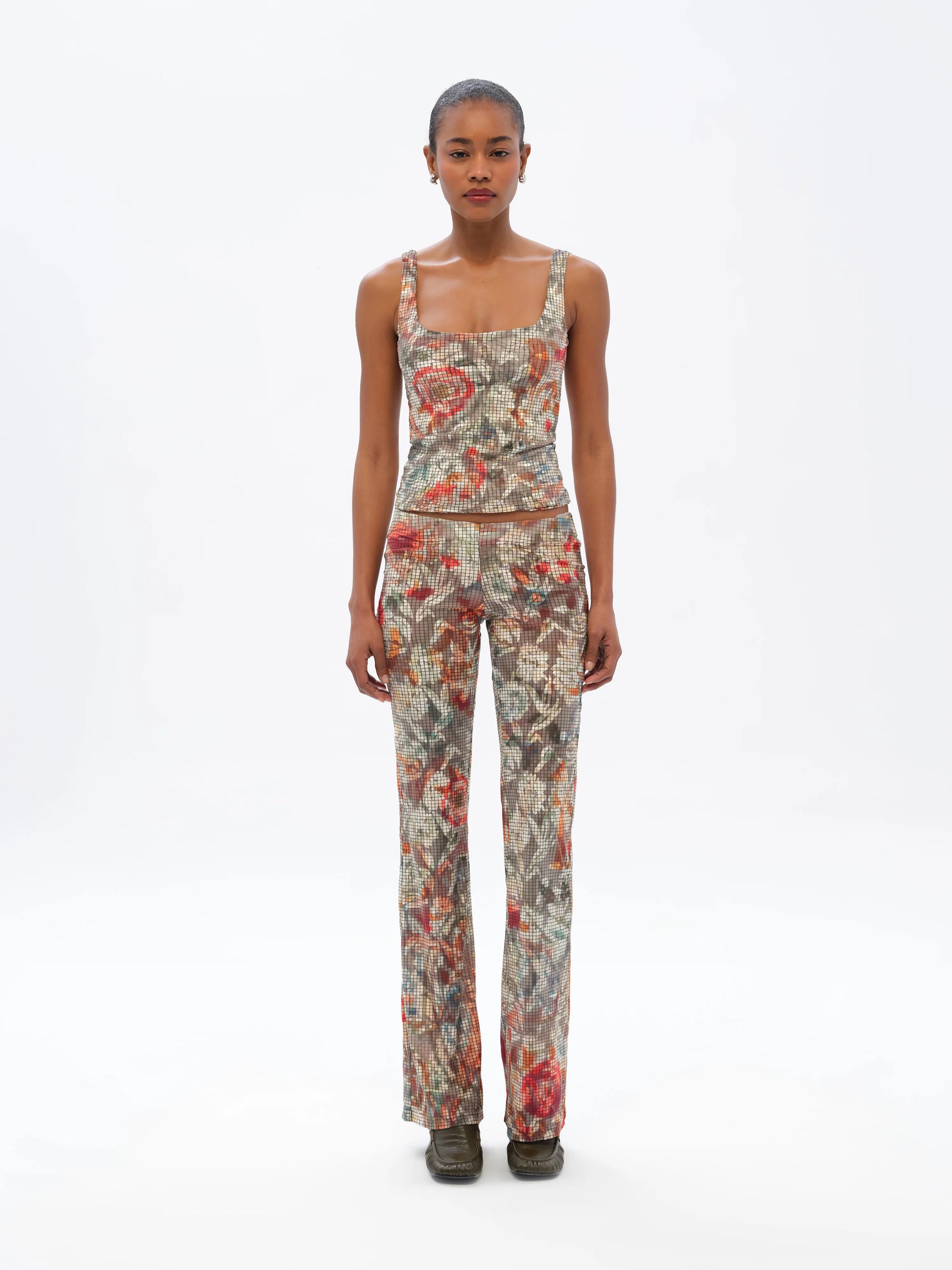 CALI  Floral-print square-neck devoré tank top