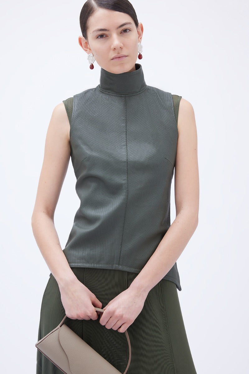 Fitted Leather Top Khaki Green