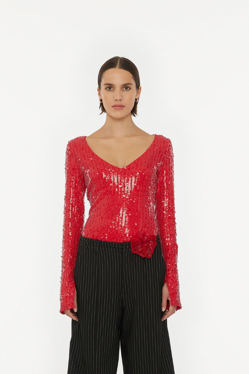 Sequins LS V-Neck Top