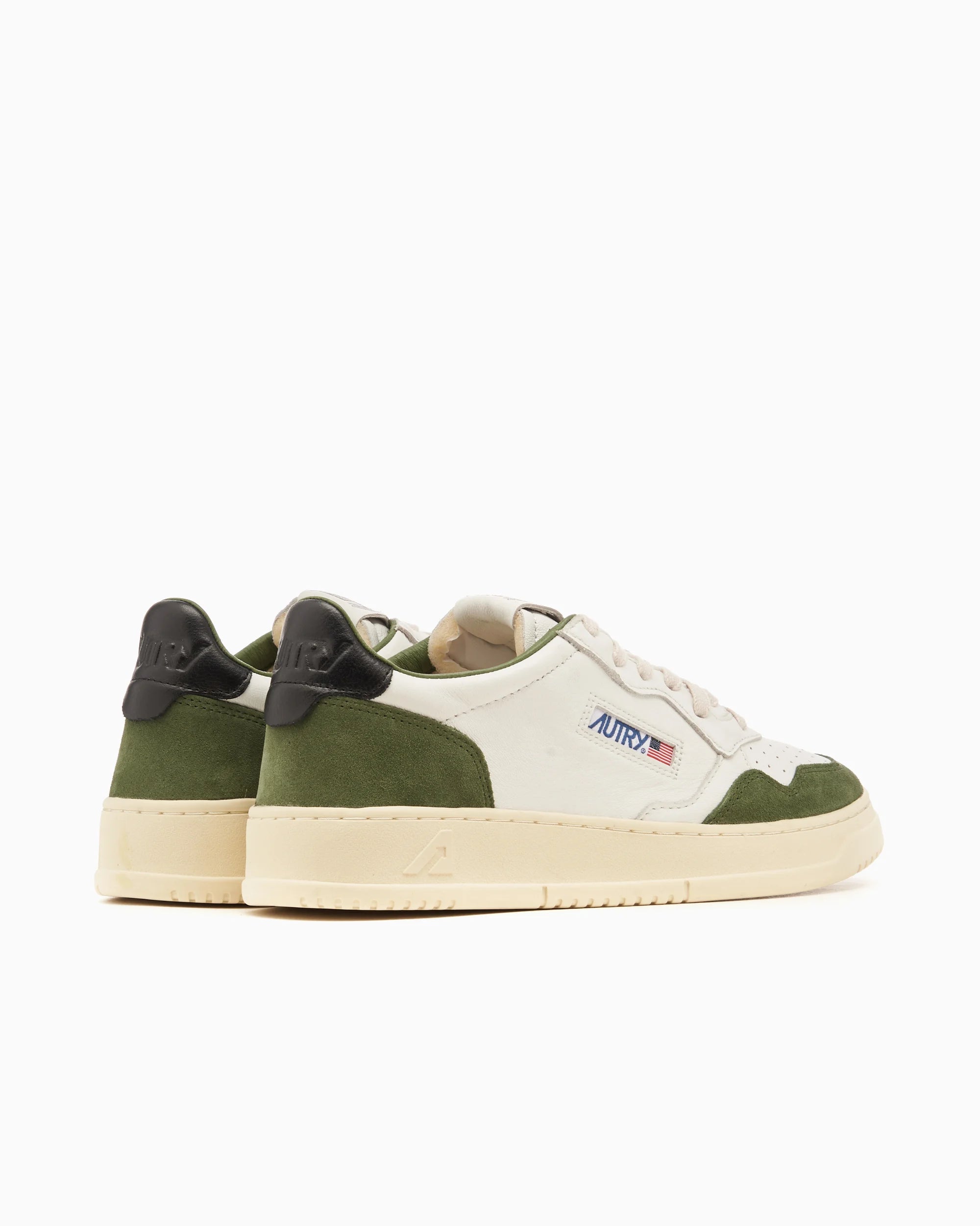 Medalist Low Sneakers in White, Green and Black Suede and Leather